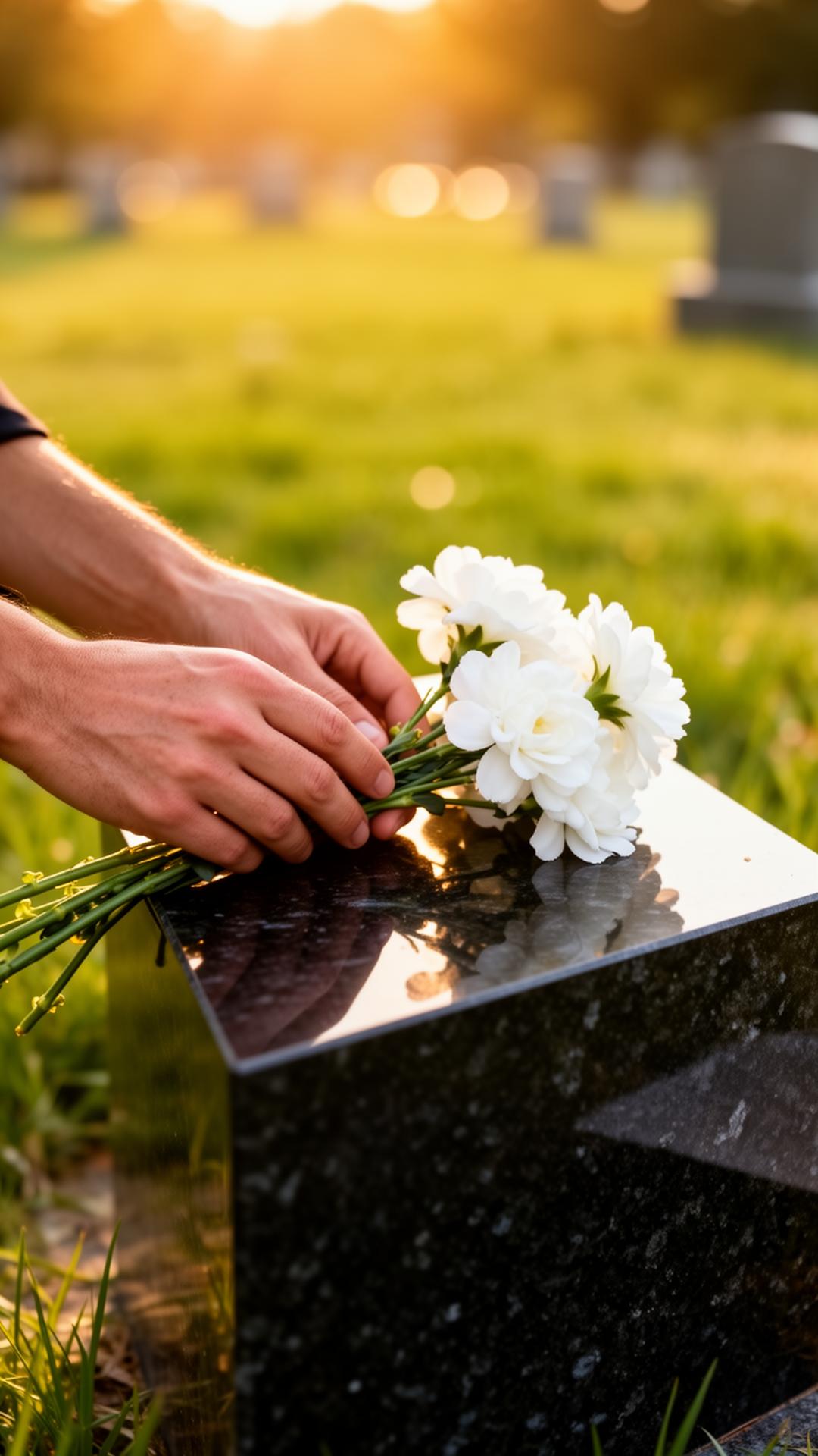 Hands placing fresh white flowers on a polished black headstone