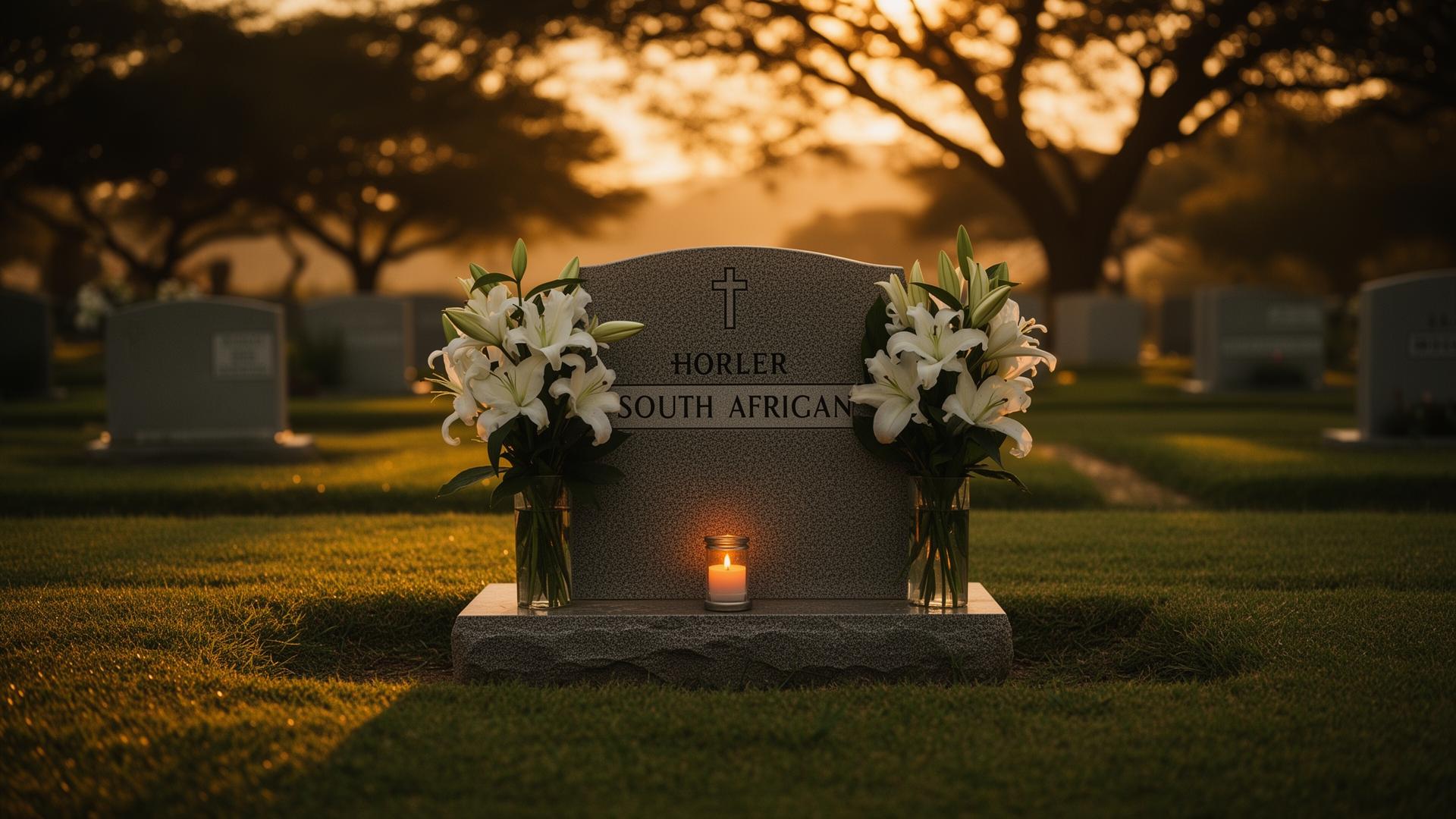 A peaceful, well-maintained grave site at golden hour with white lilies and a lit candle